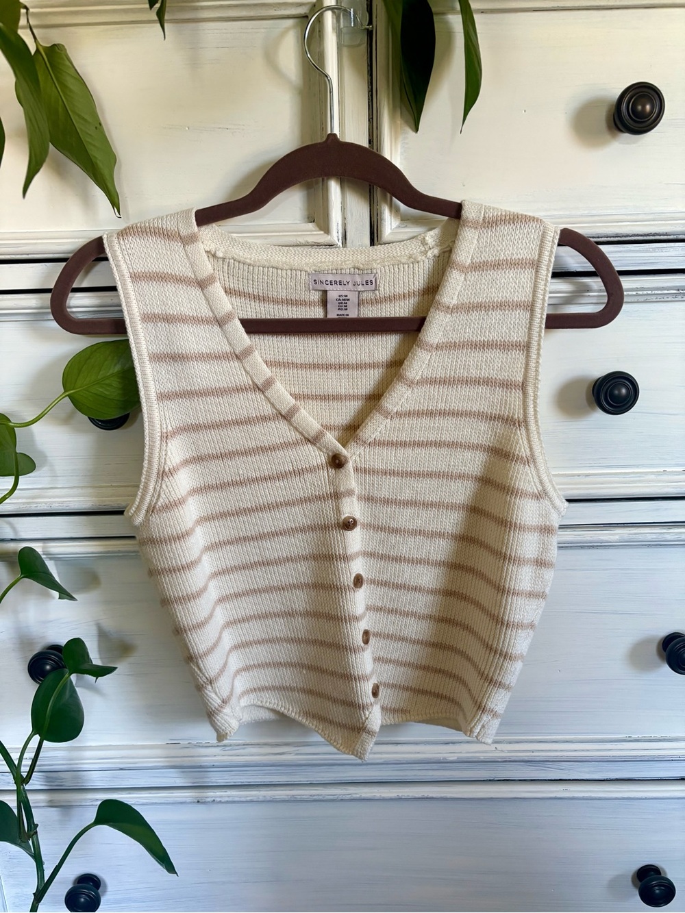 Sincerely Jules Cream & Beige Striped V-Neck Button Tank